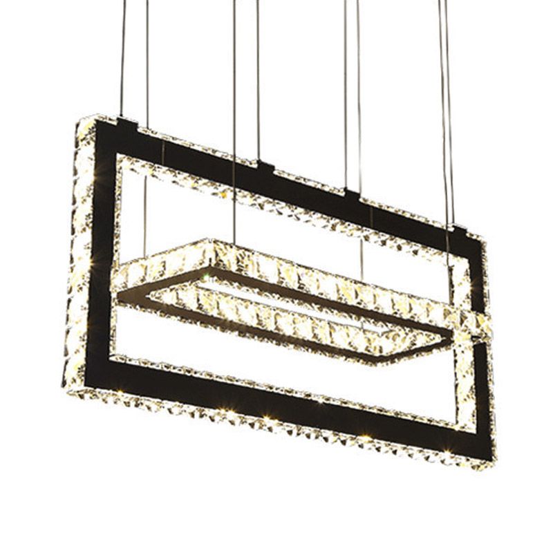 Stainless-Steel Rectangle Ceiling Pendant Light Contemporary K9 Crystal LED Chandelier Light, Warm/White/3 Color Light