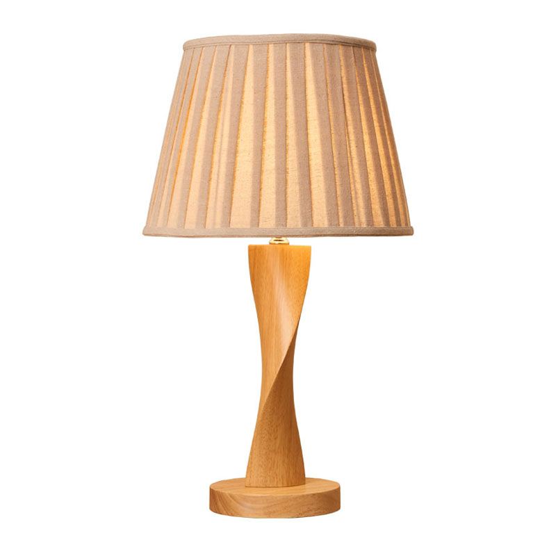 Wood Twisted Night Lamp Cottage 1 Light Living Room Table Lighting with Conic Fabric Shade in Beige/Grey/Flaxen