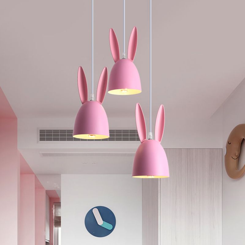 Rose / bleu Rabbit Shade Drop Cluster Pendant Light Cartoon 3 lumières Metal Hanging Lampe