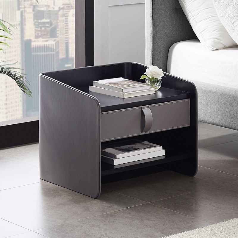 Contemporary Faux Leather Nightstand 1 - Drawer Nightstand with Wood Accents