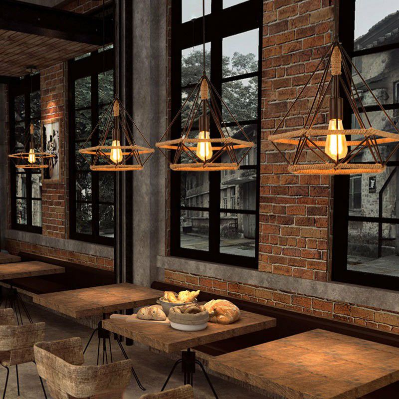 Retro Industrial Style Diamond Twine Chandelier Wrought Iron Dining Room