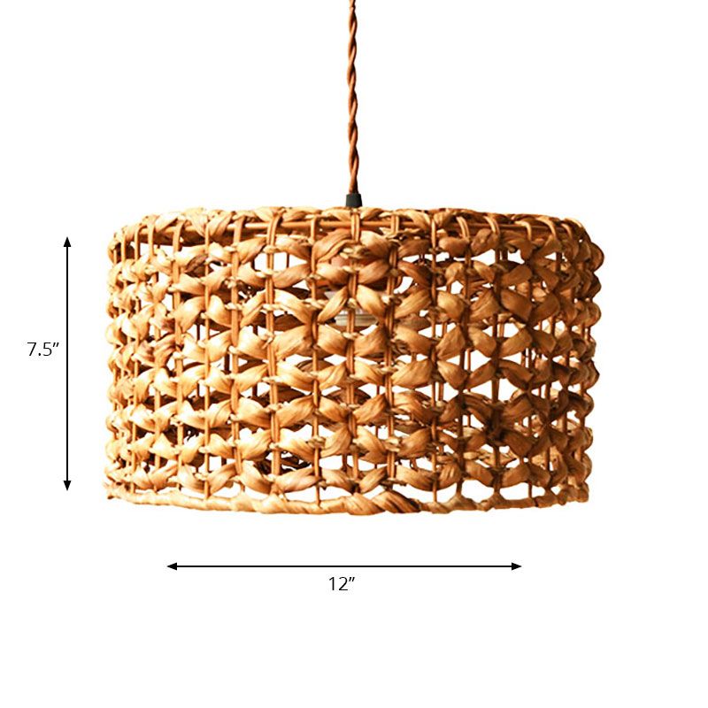 Drum Cottage Hotel Suspension Light Rattan 1 Light Asian Asian Élégant pendentif en beige