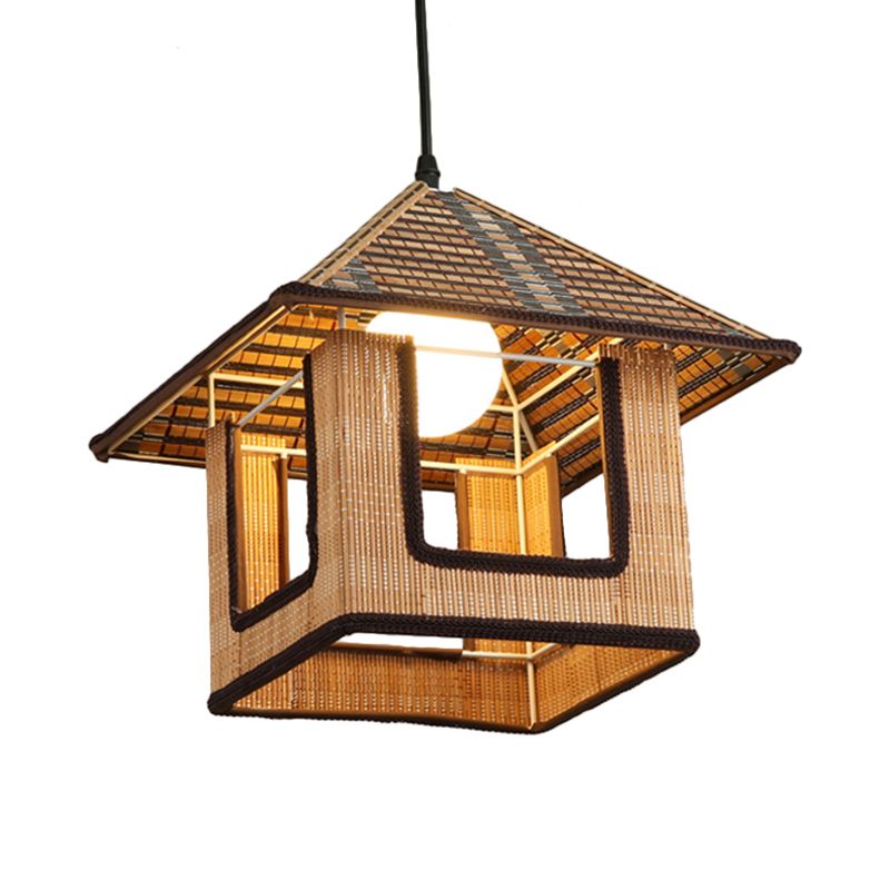 Knitted Bamboo House Shaped Pendant Lamp Farmhouse 1 Light Hanging Light for Cafe Restaurant