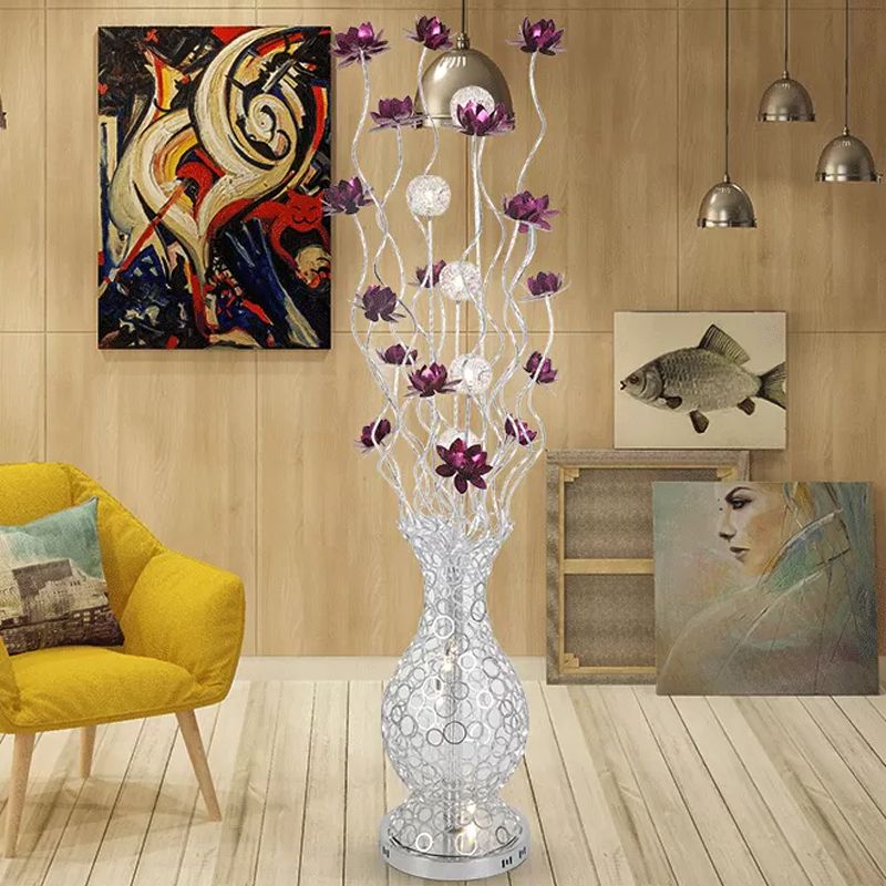 Vase Shape Aluminum Stand Up Light Decorative LED Bedroom Reading Floor Lamp with Blossom and Ball Design in Red/Purple