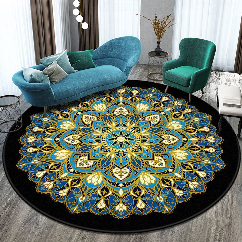 Bohemian Living Room Rug Multicolor Mandala Rug Polyester Stain Resistant Washable Anti-Slip Backing Rug for Hall