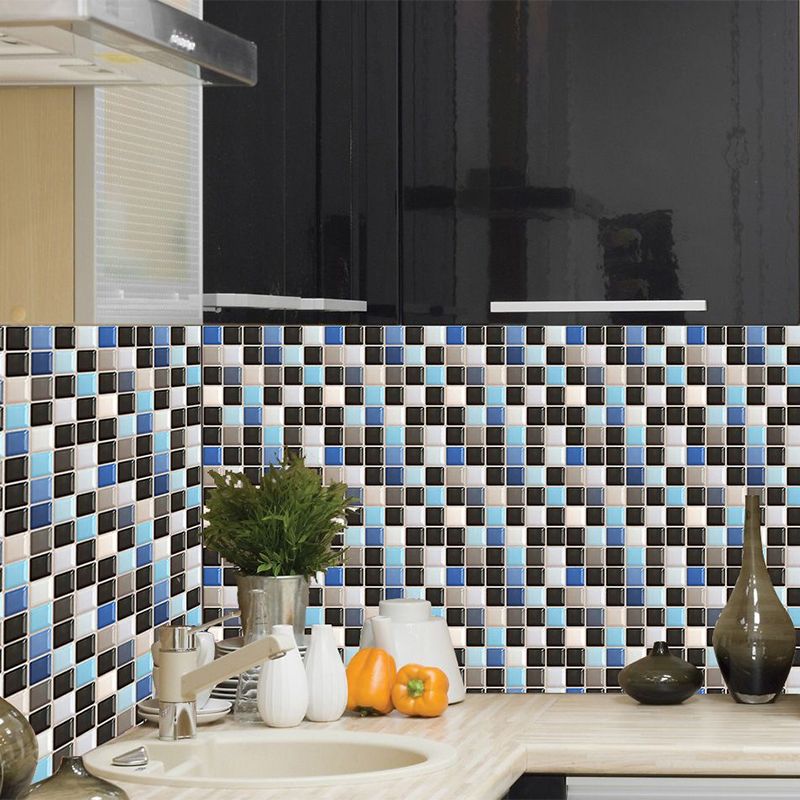 Adhesive Mosaic Tiles Wallpaper Panels in Blue-Black Contemporary Wall Covering for Kitchen