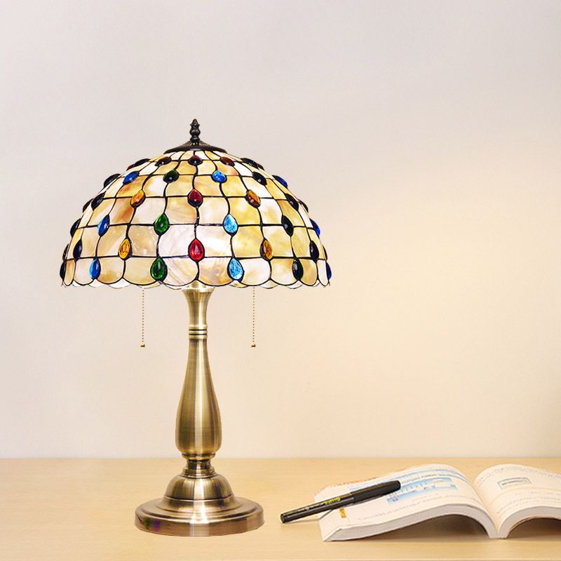 Jewel-Embedded Grid Table Light Tiffany Shell 2 Bulbs Gold Pull Chain Nightstand Lamp for Bedroom