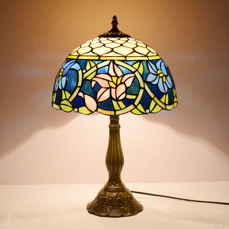 Daffodils Blue Glass Night Light Mediterranean 1-Light Bronze Table Lighting with Fishscale Element