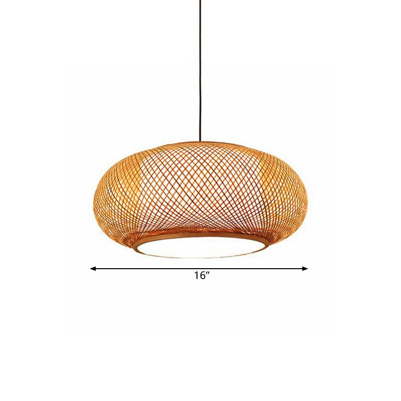 Curved Drum Bamboo Pendant Light Asian Stylish 16"/19.5" W 1 Light Beige Hanging Lamp for Living Room