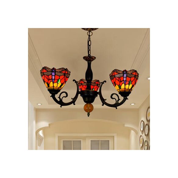 Red Conic Hanging Light Industrial Vintage Stained Glass 3 Lights Inverted Chandelier with Dragonfly Pattern