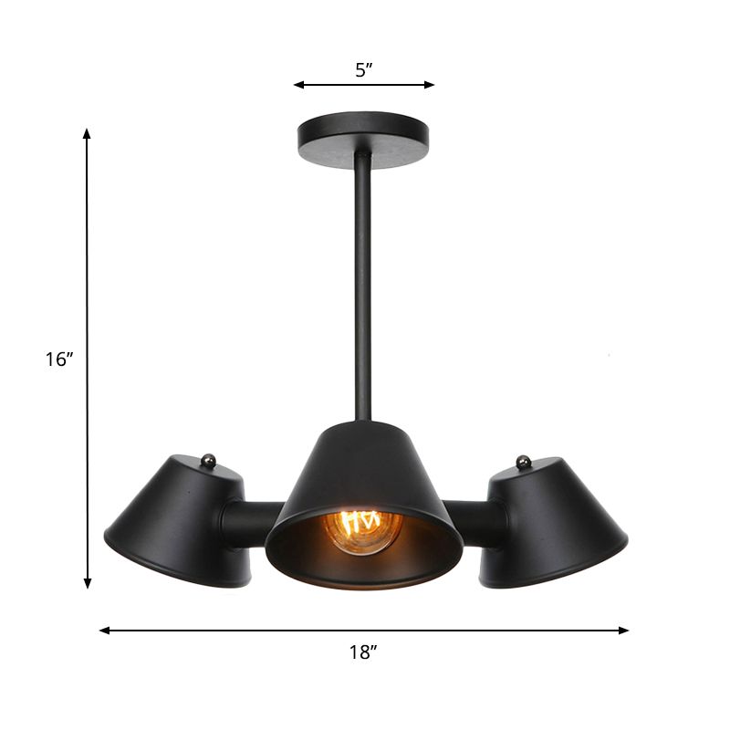 3 Lights Indoor Chandelier Lighting Fixture Industrial Stylish Black Ceiling Lamp with Conical Metal Shade