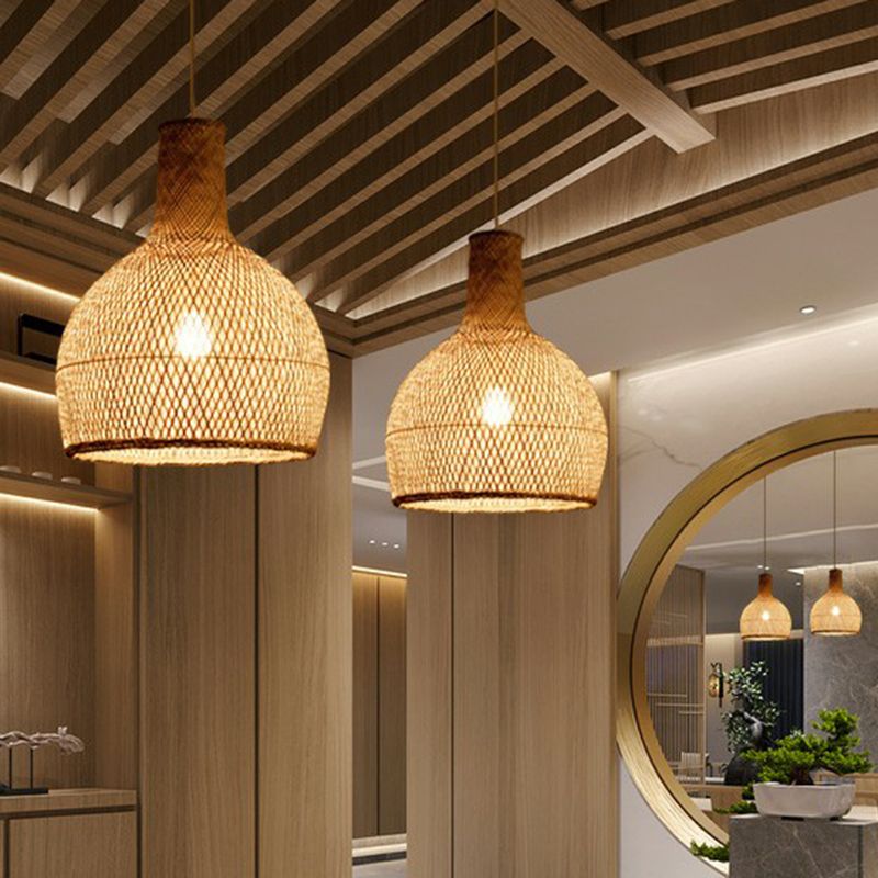 Criss-Crossed Woven Bamboo Pendant Light Minimalist 1-Light Restaurant Hanging Light in Wood