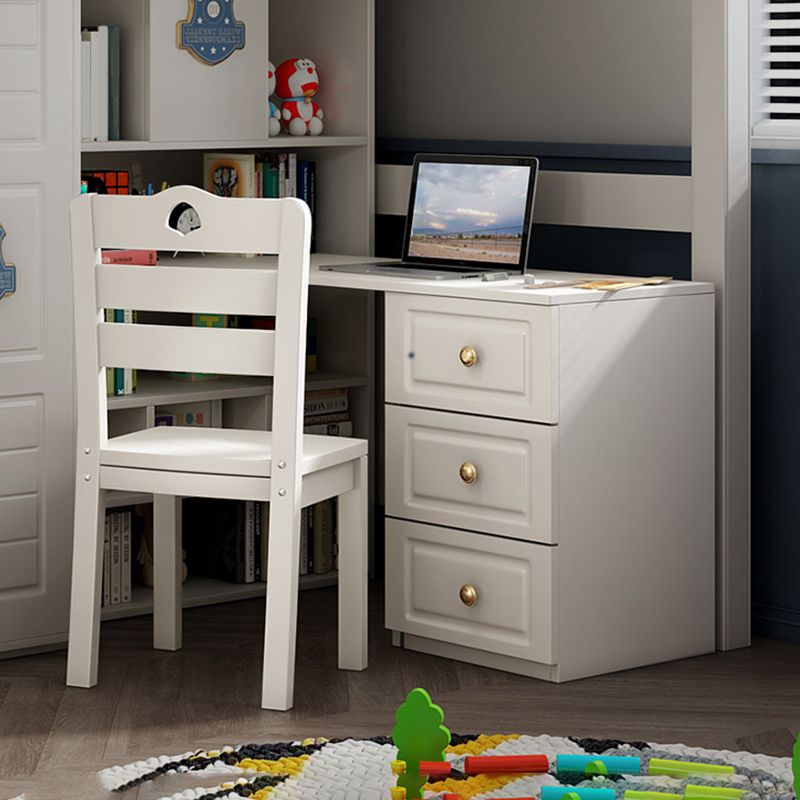 Wood Loft Bed with Guardrail White Kids Bed with Built-In Ladder/Stairway