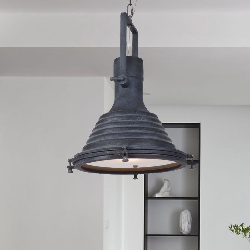 Industrial Ribbed Conical Suspension Light 1 Bulb Metallic Hanging Ceiling Lamp in Black with Handle