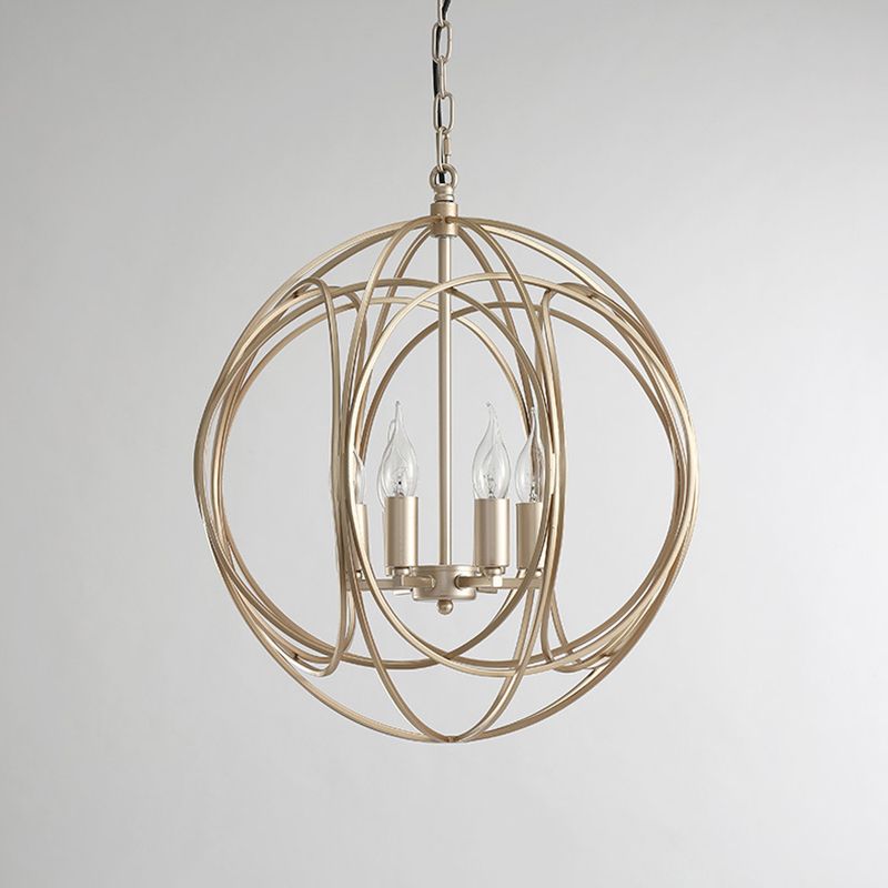 Post-Modern Metal Hanging Chandelier Light Gold Spherical Cage Shade Ceiling Chandelier for Dining Room