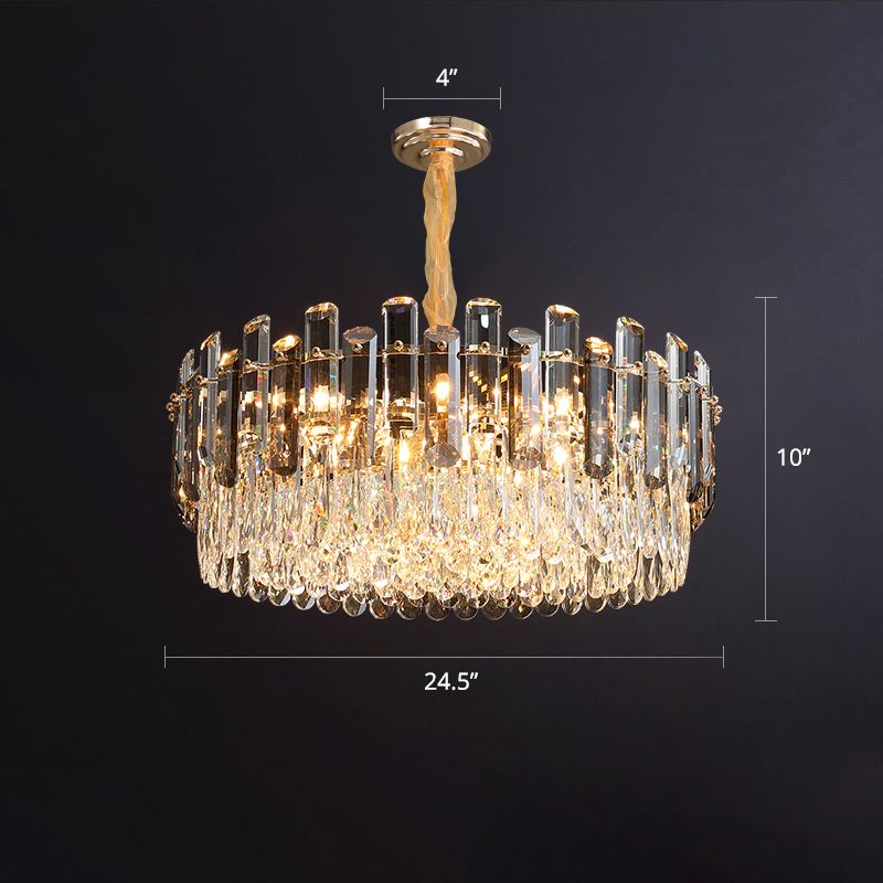 Drum Pendant Lighting Modern K9 Crystal Living Room Chandelier Light Fixture in Gold