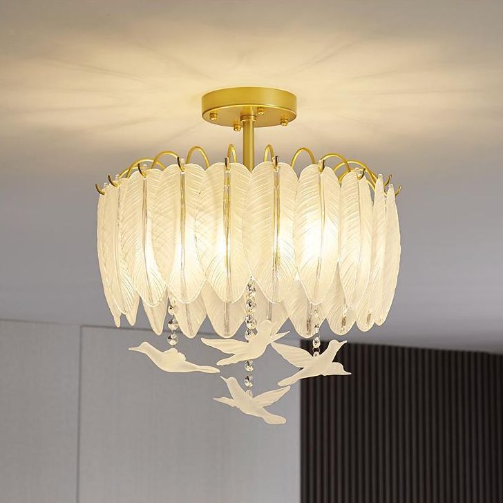 Nordic Ceiling Light Feather-shaped Glass Flush Mount Lighting Fixture for Bedroom