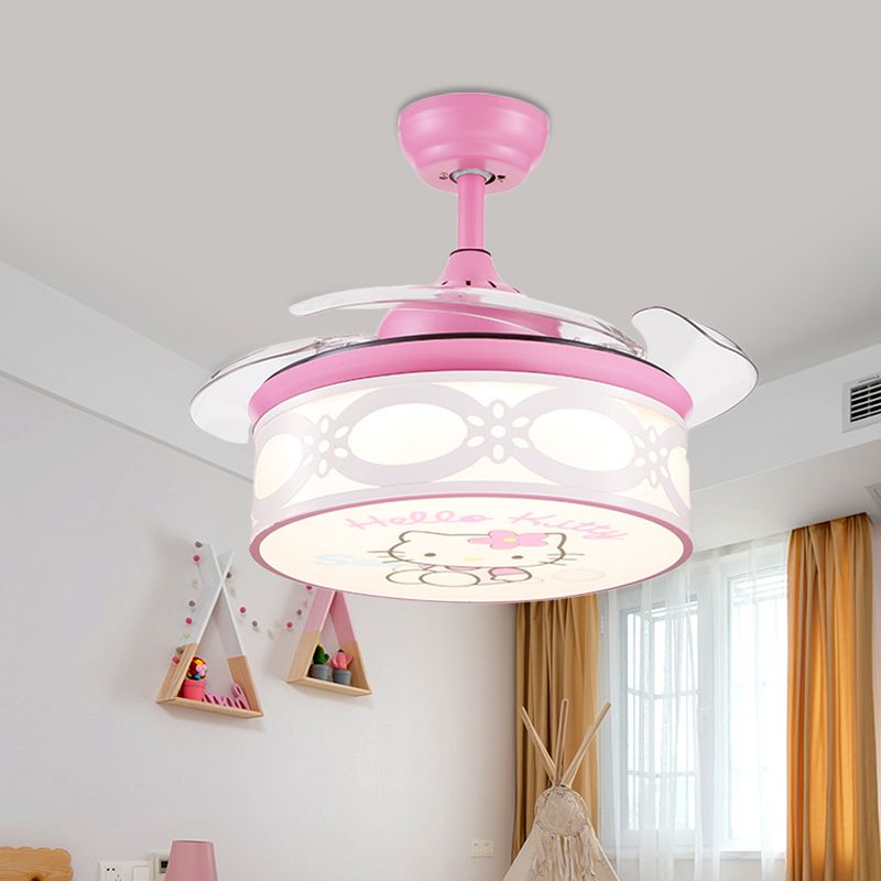 4 Blades Drum Semi Flush Mount Lamp Kinderen Metalen slaapkamer 36 "W LED Hangende hangerslamp in wit/roze met cartoonkattenpatroon, op afstand/muur en afstandsbediening