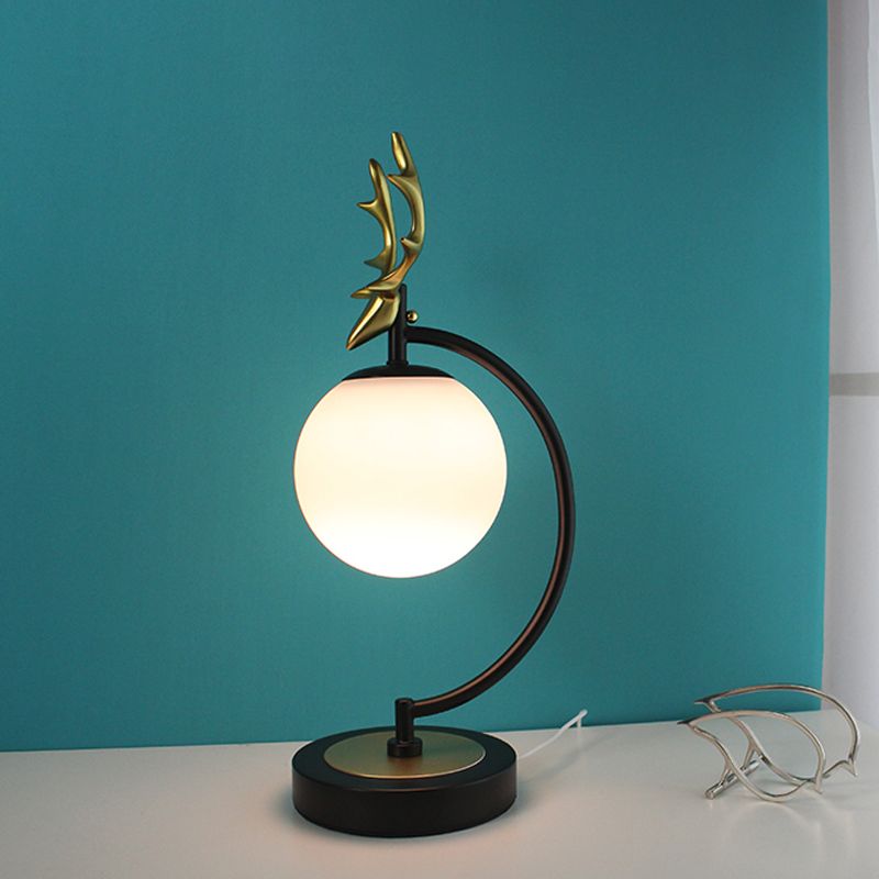 Globe Reading Light Cartoon White Glass 1-Light Black/Gold with Deer Design for Bedroom