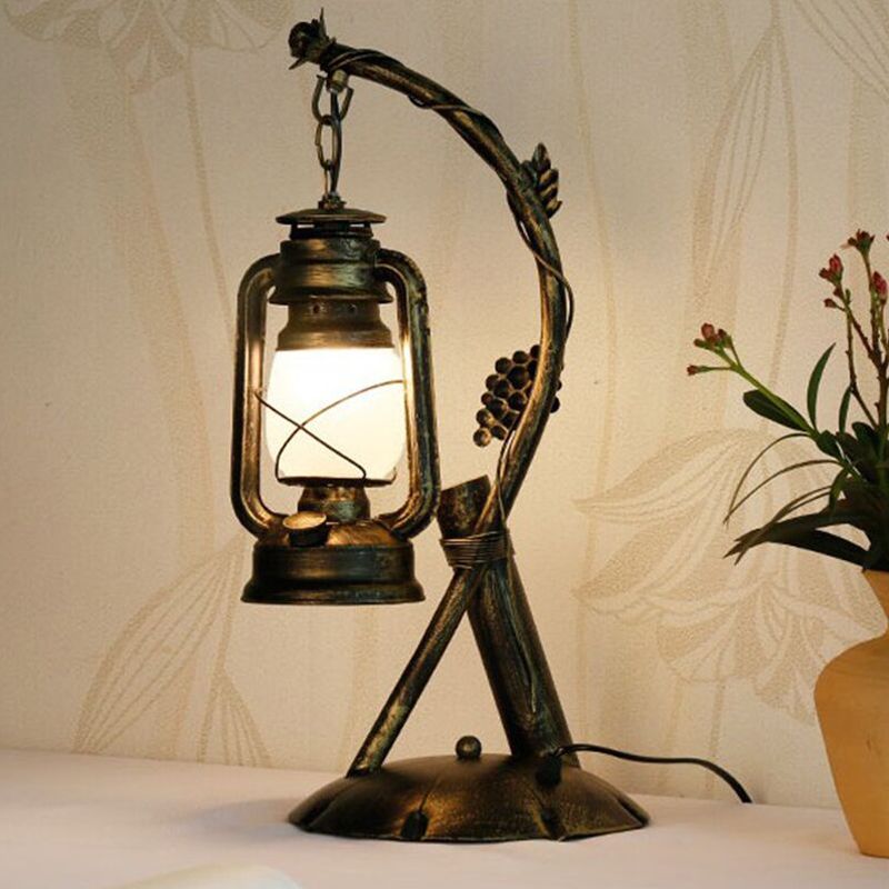 Opal Glass Lantern Table Lamp Vintage 1 Head Bedroom Desk Light in Brass with Metal Angled Arm