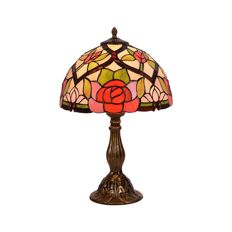 Bloom Night Lighting Victorian Stained Glass 1 Light Brass Finish Nightstand Lamp with Bowl Shade