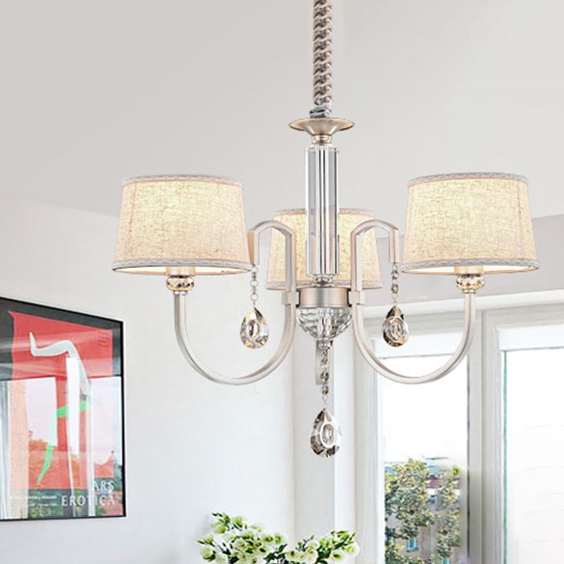 Nickel Swoop Arm Hanging Chandelier Modern 3/6 Lights Metal Drop Lamp with Flaxen Fabric Shade and K9 Crystal Decor