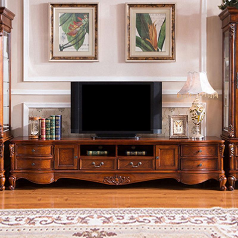 Brown Wooden TV Stand Console Traditional Style Home TV Cabinet with Drawers