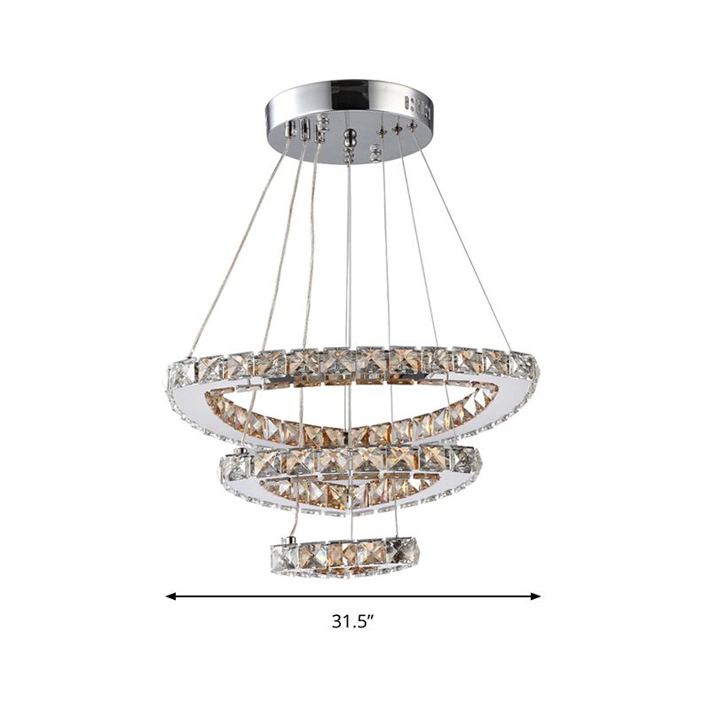 3-Tier LED Chandelier Light Fixture Contemporary Crystal Chrome Drop Pendant in Third Gear for Restaurant