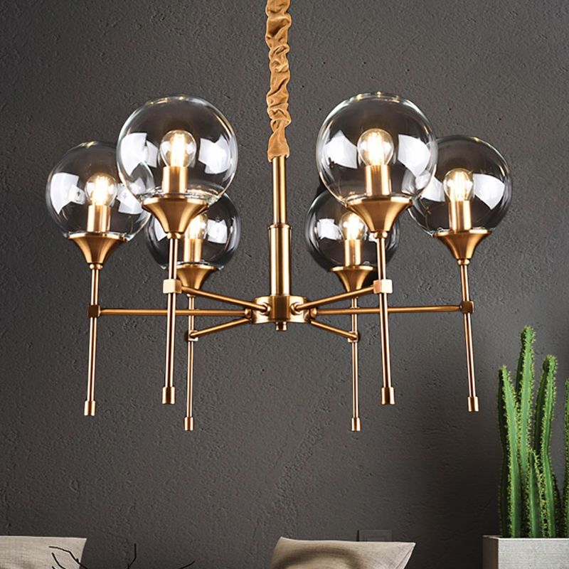 Brass Burst Style Suspension Lamp Retro 6 Heads Clear Glass Kroonluchter over eettafel