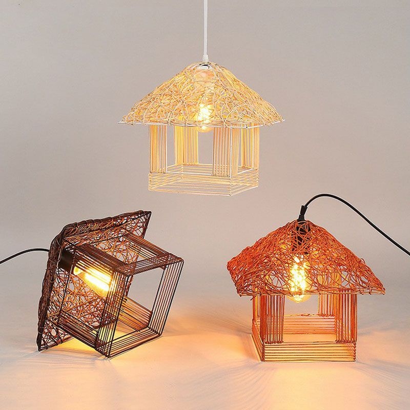 House Shaped Tea Room Pendant Light Bamboo Single-Bulb Contemporary Suspension Light Fixture