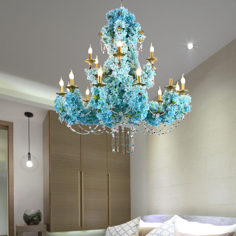 Blue Candelabra LED Chandelier Light Vintage Metal 12 Lights Restaurant Flower Drop Lamp with Crystal Accent