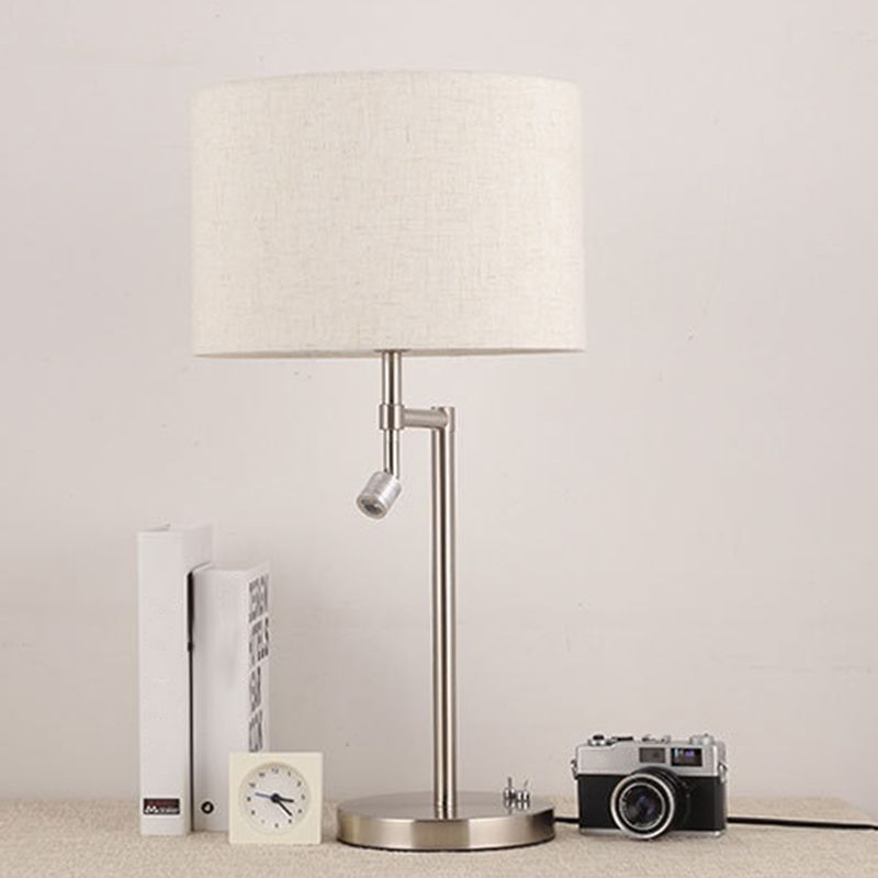 Fabric Drum Shaped Table Lighting Minimalist 1 Bulb White Night Stand Light with Swivelable Spotlight