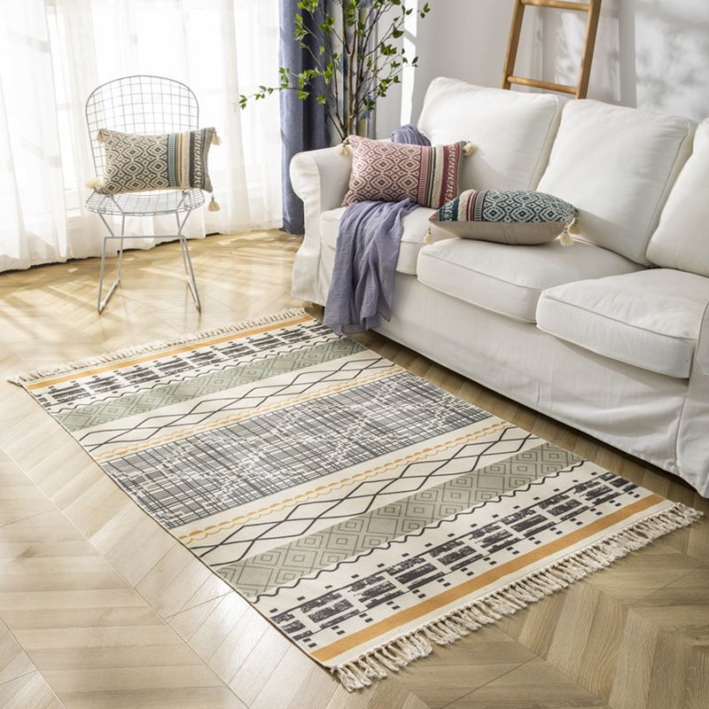 Colorful Americana Print Rug with Fringe Antique Cotton Blend Indoor Carpet Friendly Washable Carpet for Home Decoration