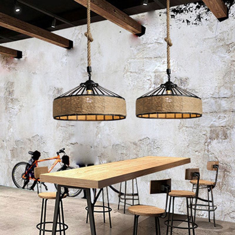 Rope Linen 1-Light Pendant Lamp Drum Vintage Loft Ceiling Fixture for Bar