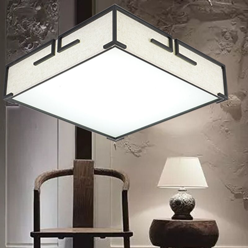 Geometric Shape Flush Mount Modern Ceiling Light with Fabric Shade in White