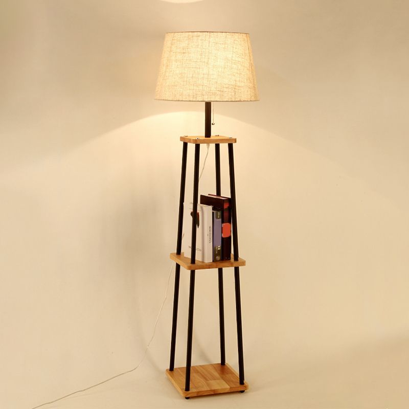 Cono de tela/tambor/luz de piso cónica moderna 1 bulbo negro/blanco/madera lámpara de pie con mesa/rejilla de almacenamiento para sala de estar