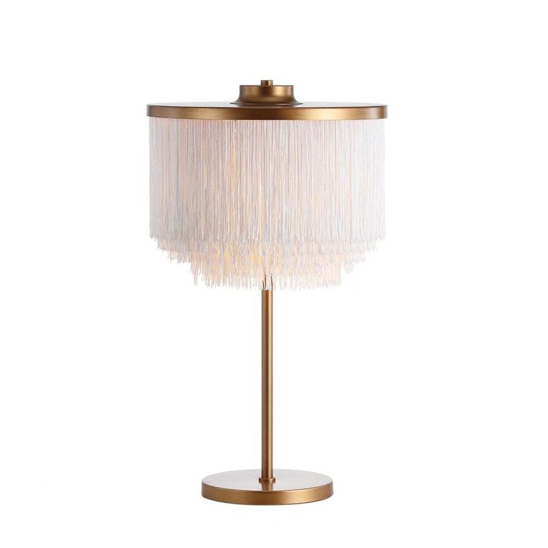 Brass Round Table Lamp Minimalistic Metal LED Nightstand Light with Tassel Fringe