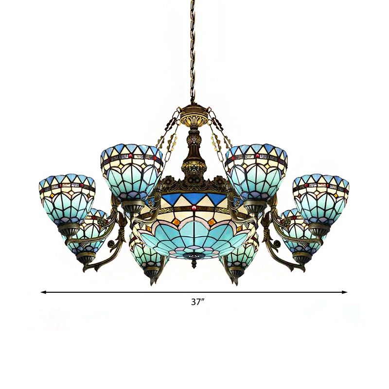 Vintage Domed Hanging Lamp Stained Glass 9 Lights Inverted Chandelier in Blue for Living Room