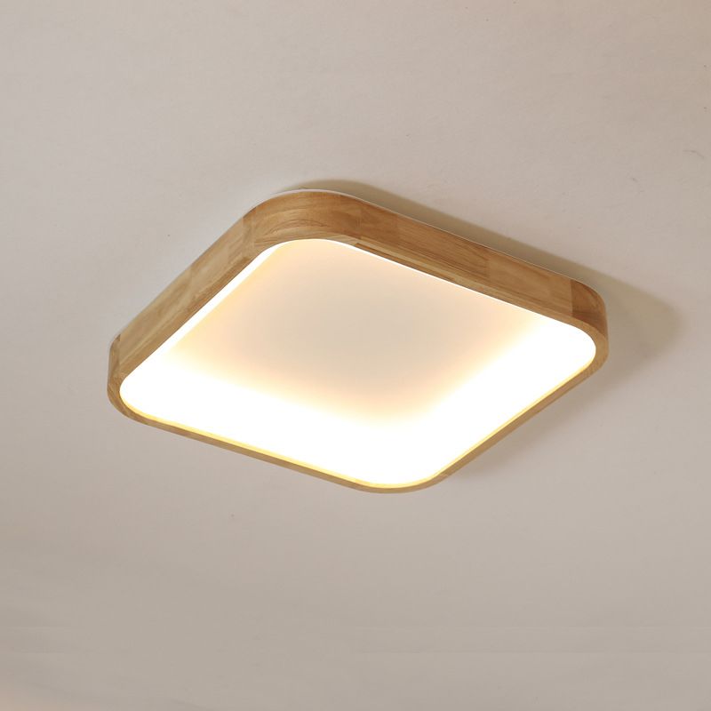 Minimalist LED Flush Ceiling Light 14.5"/18.5" W Wood Shade Beige Square Flush Lighting in Warm/White Light