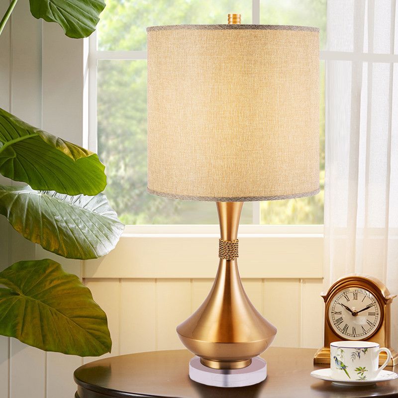 1-Light Bedroom Nightstand Light Simplicity Flaxen Metal Table Lamp with Cylindrical Fabric Shade