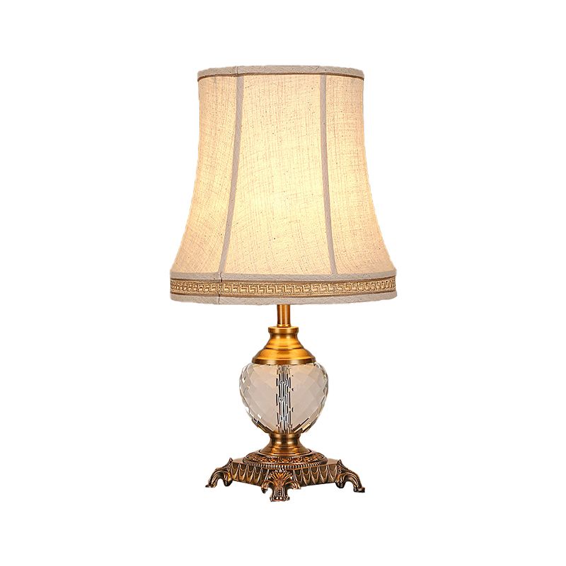 Bell Fabric Table Lamp Modern 1 Head Beige Desk Light, Carved Bronze Metallic Base