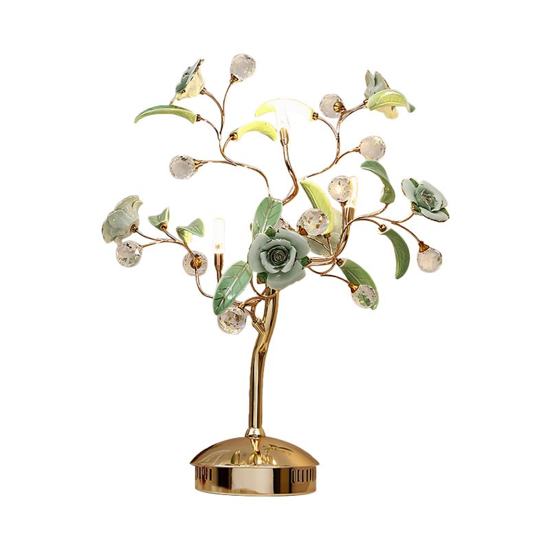 3-Bulb Flower Tree Night Lamp Korean Garden White/Red/Green Ceramic Table Light with Gold Stem