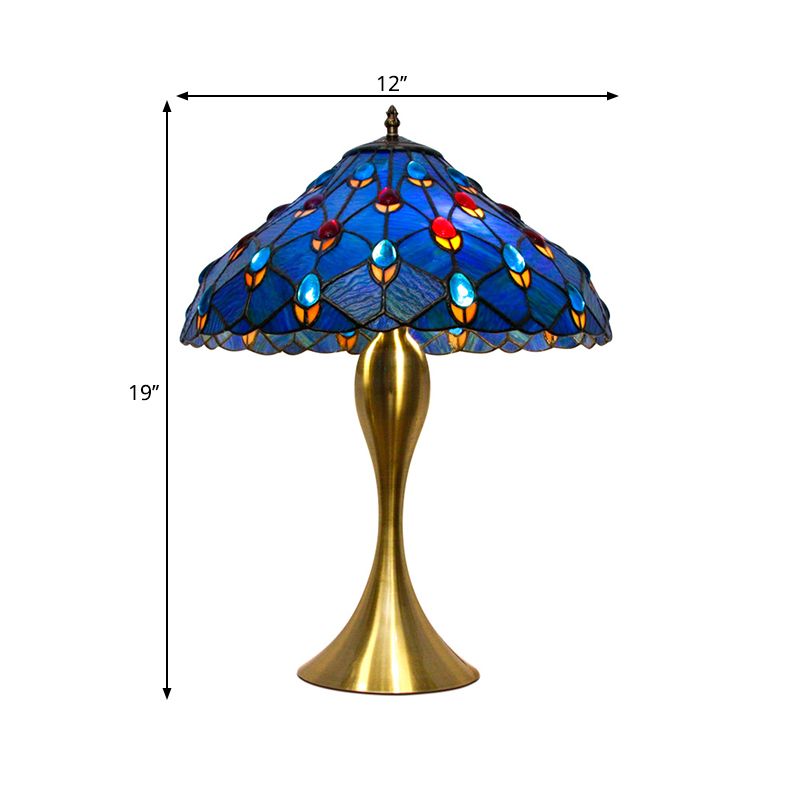 Blue Cone Nightstand Lighting Mediterranean 1 Bulb Hand Cut Glass Task Lamp with Jewel Deco