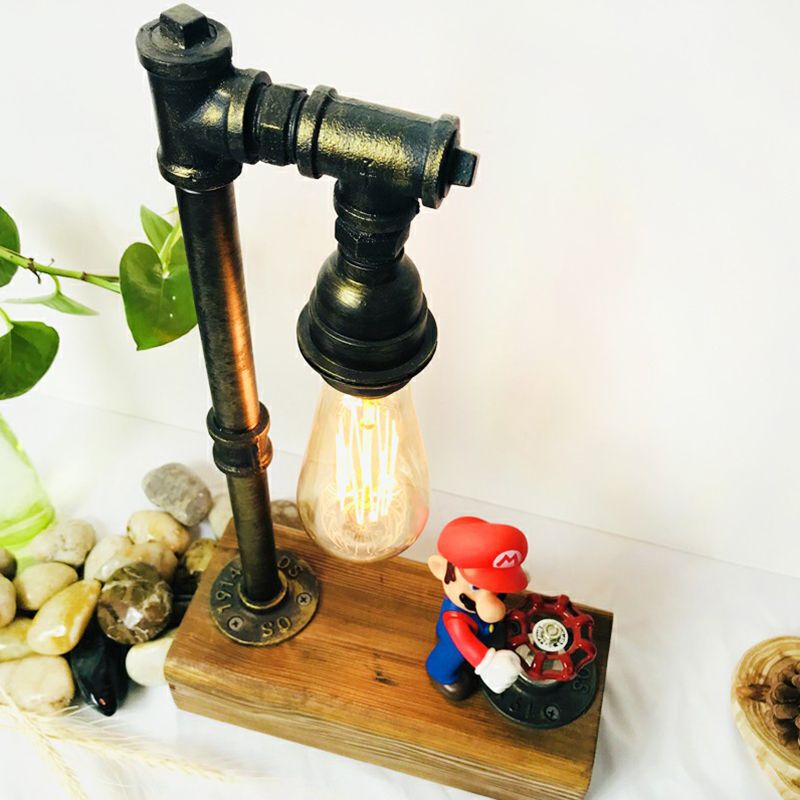 Bronze Finish Water Pipe Table Light Industrial Iron 1-Light Bedroom Night Lamp with Wooden Base and Valve Dimmer Switch