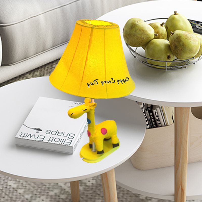 Flared Script-Print Fabric Table Lighting Kids Single-Bulb Yellow/Blue/Pink Night Lamp with Giraffe Base