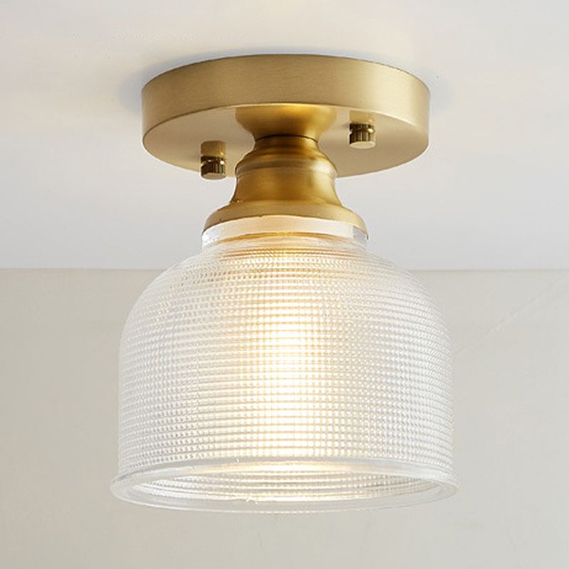 One Light Dome Semi Flush Light Industrial Brass Prismatic Glass Lighting Fixture for Living Room