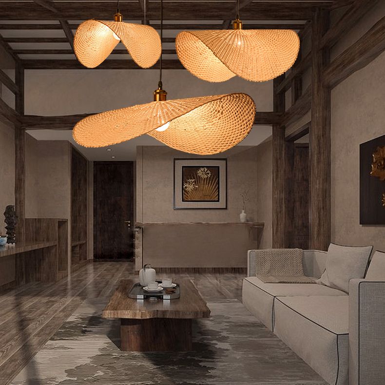 Beige Straw Hat Shape Hanging Lamp Kit Asian 1-Light Bamboo Ceiling Pendant Light for Dining Table