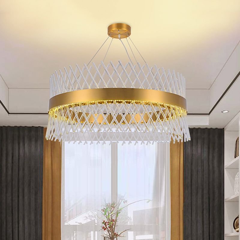 23.5" Wide Crystal Mesh Chandelier Lighting Simple LED Dining Room Pendant Light in Brass