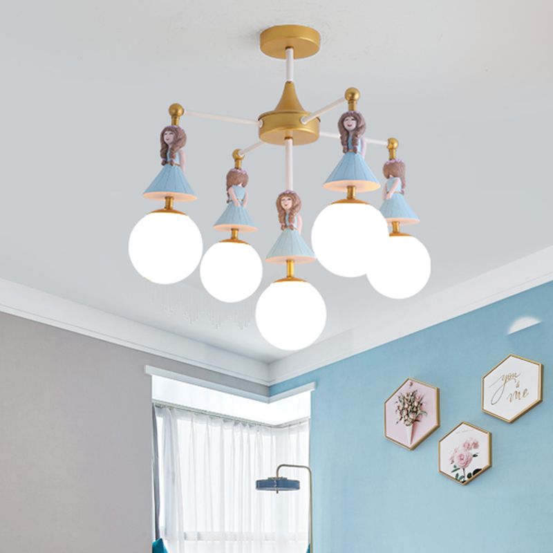 Cartoon Girl Semi-Flush Ceiling Light Resin 5-Bulb Kids Bedroom Flush Mount with Ball White Glass Shade in Blue