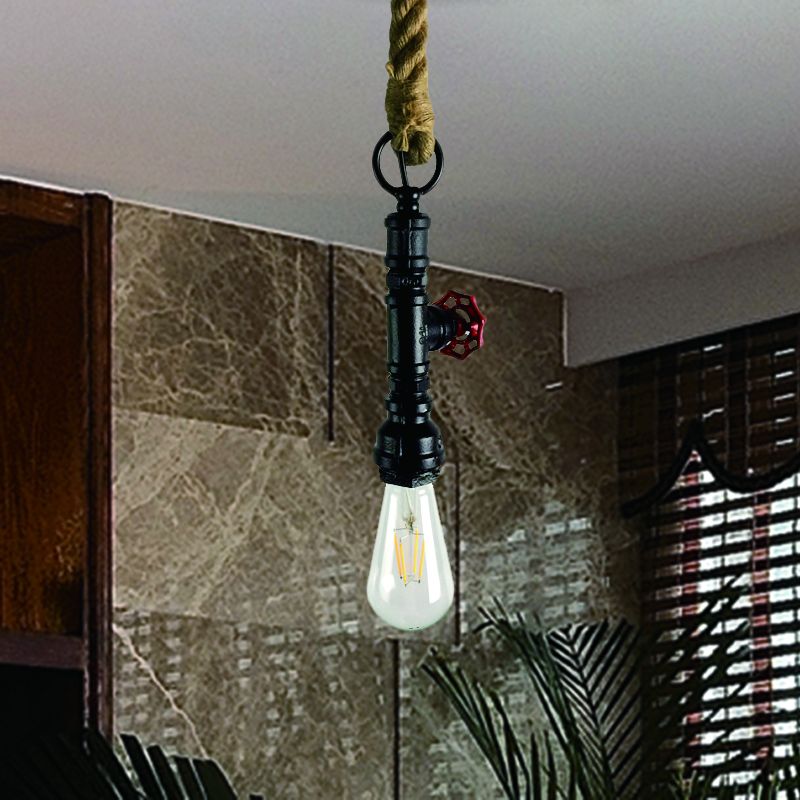 Pijp- en klep ijzer hanger licht vintage 1 lampstang hangende plafondlamp in zwart/zilver/koper met touwsnoer